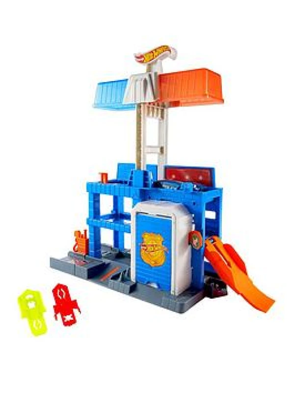 Image of Hot Wheels Toy Car Track Set City Downtown Police Tower Playset & 1:64 Scale Die-Cast Police Vehicle Expands to 3 Levels Speed Snap Track System J