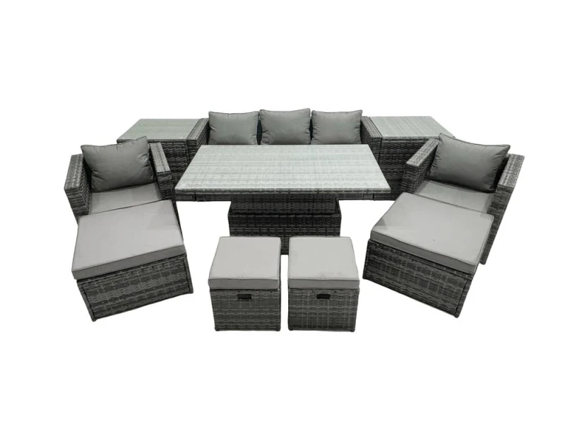 Image of Fimous Rattan Lounge Sofa Rising Dining Table Set & 2 Side Tables 4 Footstool in Dark Grey Dark Grey Unisex