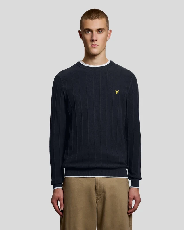 Image of Lyle & Scott Mens Tipped Pique Knitted Crew Neck Jumper in Navy