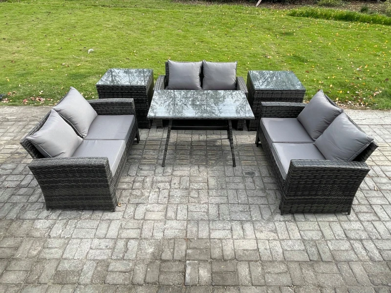 Image of Fimous 6 PCS Outdoor Lounge Sofa Set Wicker PE Rattan Garden Furniture Set with Rectangular Dining Table Love Seat Sofa in Dark Grey Dark Grey Unisex