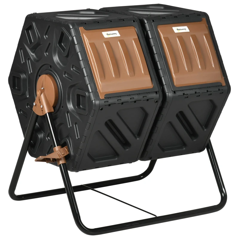 Image of Outsunny 130L Compost Bin Dual Chamber Rotating Composter w/ Ventilation Holes, Brown 845-916V00BK