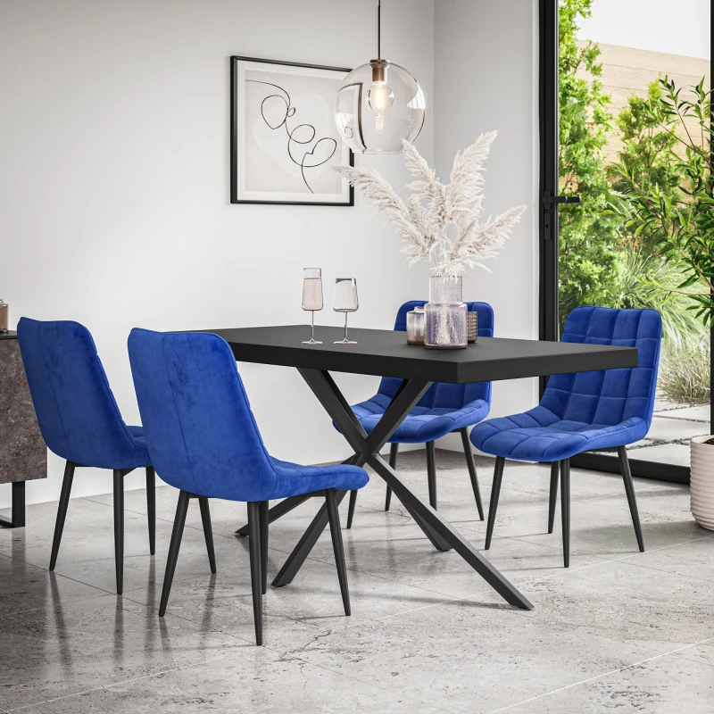 Image of More4Homes Donni Dining Table And Chairs - Black Table Top W Black Legs + Nova Velvet Dining Chair Set Of 4 (Blue)