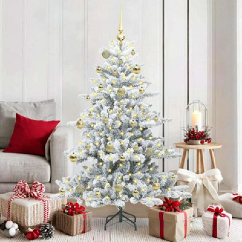 Image of vidaXL Artificial Hinged Christmas Tree with 150 LEDs, Gold Balls Snow Flocked 150cm PVC, Green 3397709