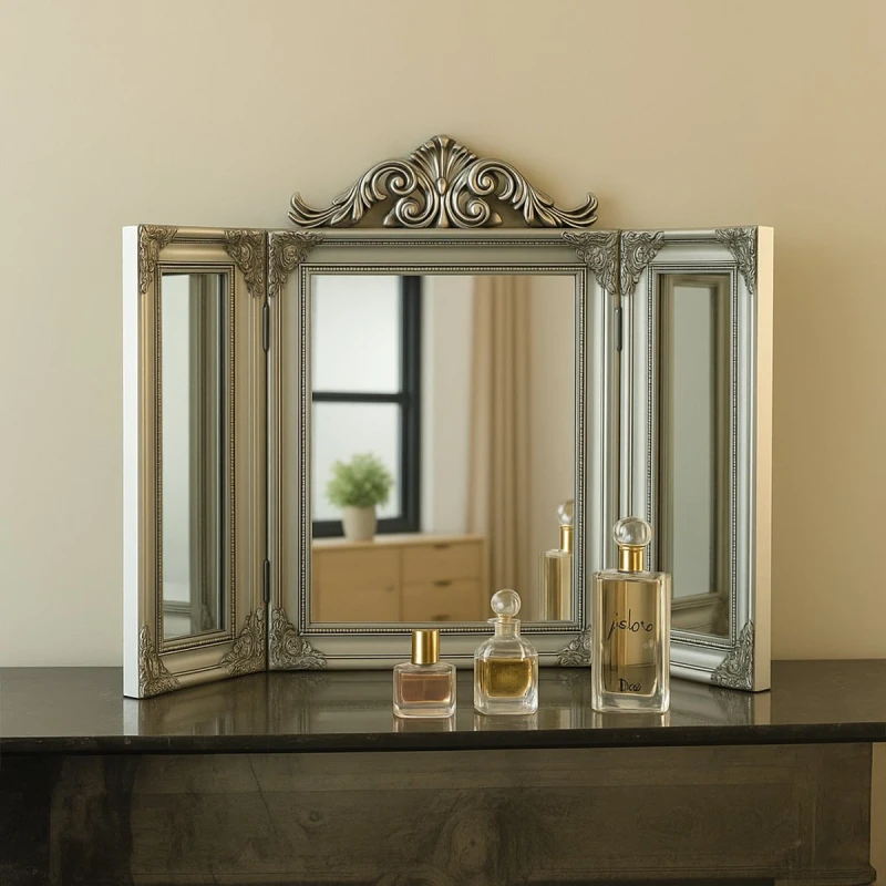 Image of Melody Maison Ornate Silver Dressing Table Triple Mirror Metallic Silver
