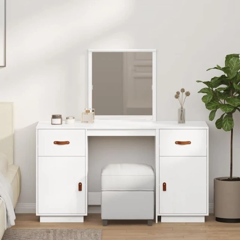 Image of Vidaxl Dressing Table Set With A Mirror White Solid Wood Pine, White 3107835