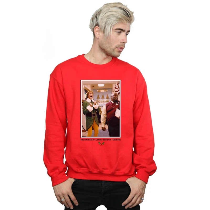 Image of Elf Elf Men OMG Santa Photo Sweatshirt in Red Size: Small Red S Male 5057981620869
