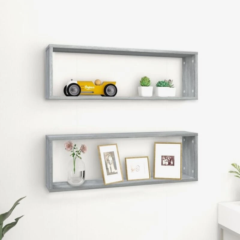 Image of Vidaxl Wall Cube Shelves 2 Pcs Grey Sonoma 80X15X26.5cm Engineered Wood, Grey 815918
