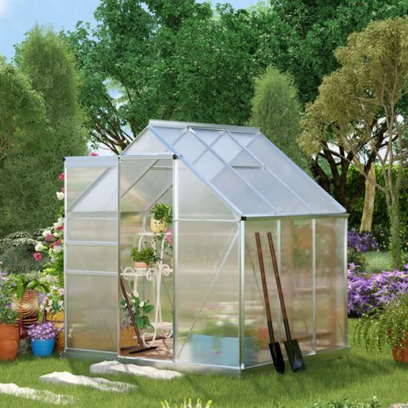 Image of Outsunny Polycarbonate Walk-in Garden Greenhouse w/ Sliding Door Silver Tone Silver