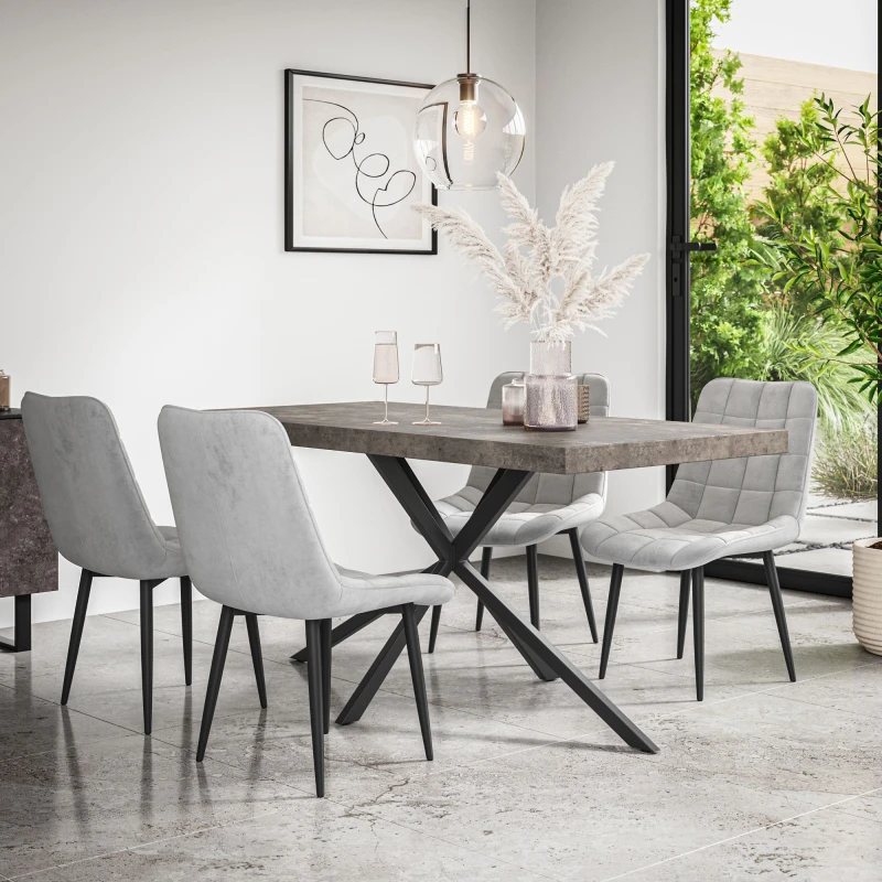 Image of More4Homes Donni Dining Table And Chairs - Concrete Effect Table Top W Black Legs + Nova Velvet Dining Chair Set Of 4 (Grey)
