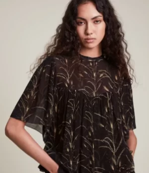 Image of AllSaints Womens Nico Lowestoft Top, Black, Size: 6