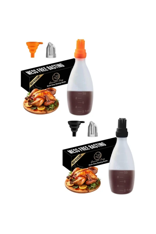 Image of Gourmet Easy Set of 2 Silicone Basting Brush with Sauce Bottle - Orange & Black Multicolor Unisex