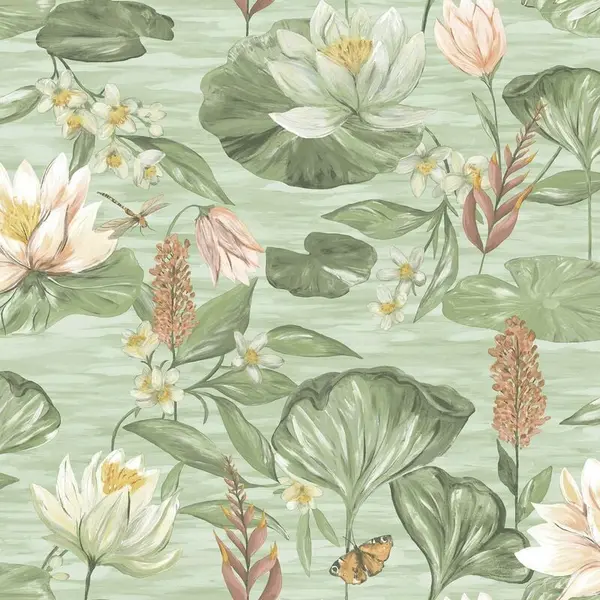 Image of YOL YOL - Green Lily Pad Wallpaper Holden Floral Butterfly Pink Natural Flower Botanical WL-13621