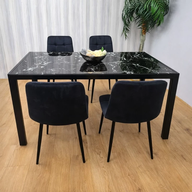 Image of KOSY KOALA KOSY KOALA Black Glass Marble Effect Dining Table with 4 Tufted Velvet Chairs in Clear Clear One Size Unisex 5060711588629