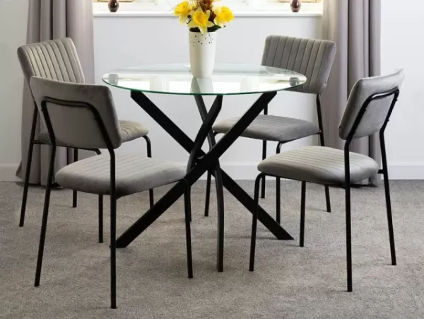 Image of Seconique Sheldon Glass and Black Dining Table and 4 Grey Velvet Chairs
