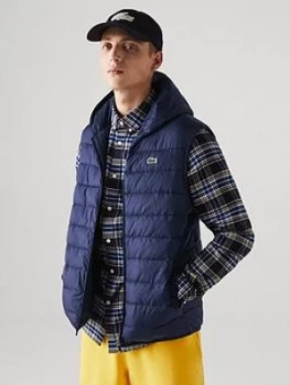 Image of Lacoste Quilted Gilet With Hood, Navy Blue, Size L, Men
