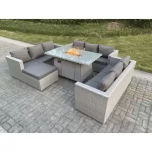 Image of Fimous 8 Seater Outdoor Light Grey Rattan Lounge Complete Sofa Set U Shape with Gas Fire Pit and Big Footstool