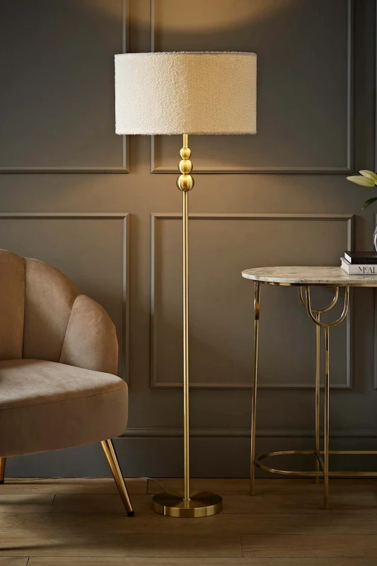 Image of ValueLights ValueLights Marissa Cream Boucle Shade with Brushed Gold Stacked Ball Floor Lamp Cream One Size Unisex 5059406046438