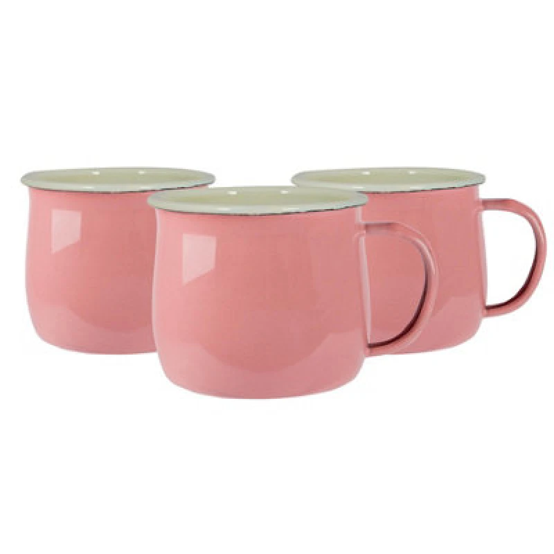 Image of Argon Tableware Coloured Enamel Belly Mugs - 375Ml - Pink/cream - Pack Of 6