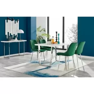 Image of Kylo White High Gloss Dining Table & 4 Green Pesaro Silver Chairs - Green
