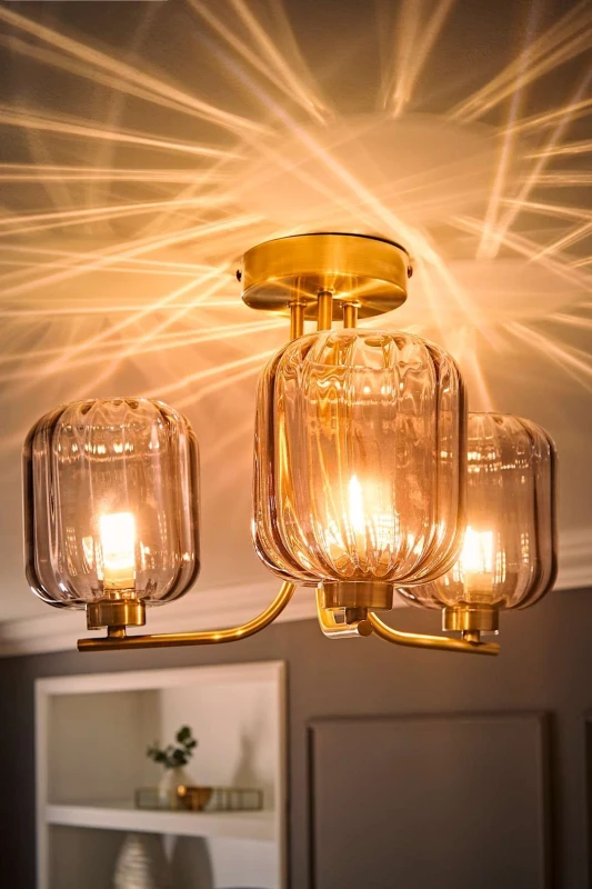 Image of ValueLights Amelie 3 Way Ribbed Glass Gold Ceiling Pendant Light with LED Bulbs Gold