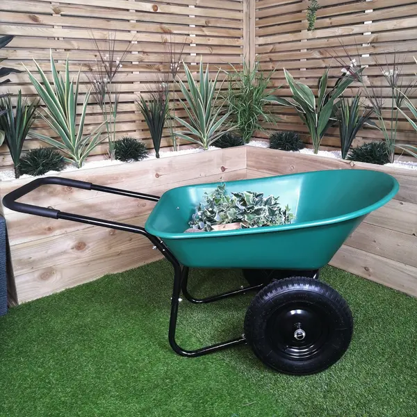 Image of Heavy Duty 2 Wheel Outdoor Pneumatic Plastic Garden Wheelbarrow in Green