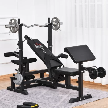 Image of HOMCOM Multi-Exercise Full-Body Weight Rack with Bench Press, Leg Extension, Chest Fly Resistance Band & Preacher Curl