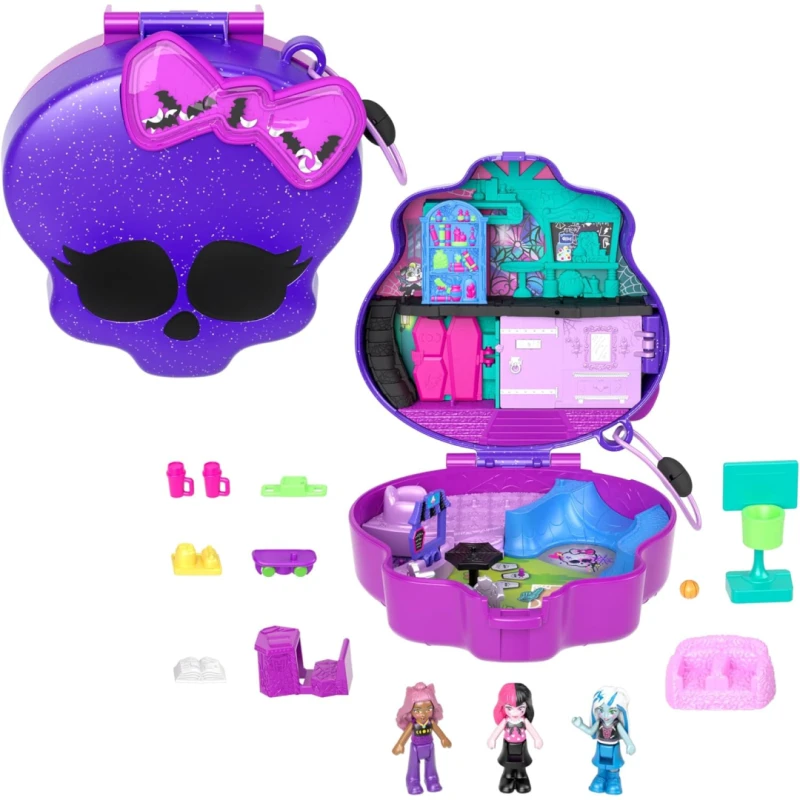 Image of Polly Pocket Monster High Compact With 3 Micro Dolls & 10 Accessories, Opens To High School One Colour WAXX1 Unisex