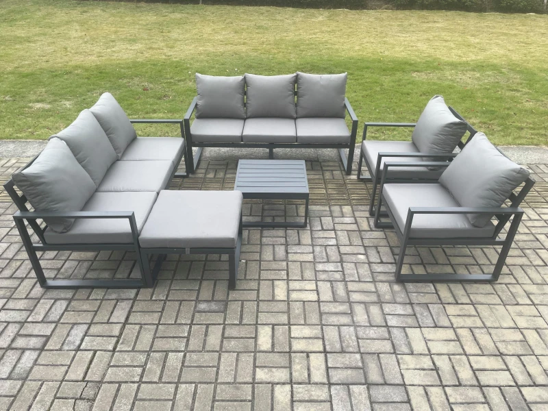 Image of Fimous Aluminium Patio Outdoor Garden Furniture Lounge Sofa Set with Square Coffee Table 2 Chairs Big Footstool Dark Grey Dark Grey Unisex
