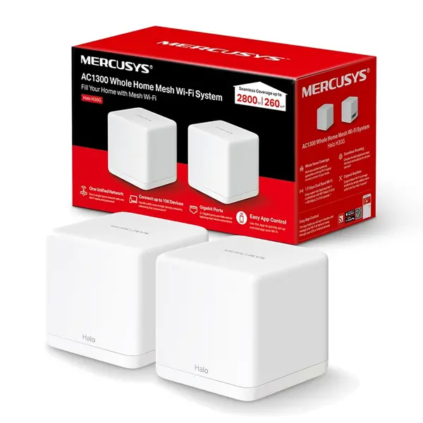 Image of MERCUSYS Mercusys Halo H30G (2-pack) AC1300 Whole Home Mesh WiFi System, 867 Mbps on 5 GHz, 400 Mbps on 2.4 GHz, 2x Internal Antennas, 2x Gigabit Por