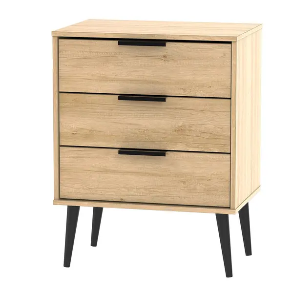 Image of Welcome Furniture Ready Assembled Hirato 3 Drawer Sof Oak Midi Chest With Black Wooden Legs HKB023NBNB