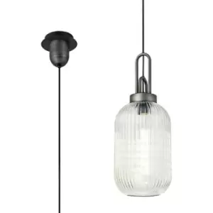 Image of Luminosa 1 Light Pendant E27 20cm Tubular Ribbed Glass, Clear Black, Aged Pewter