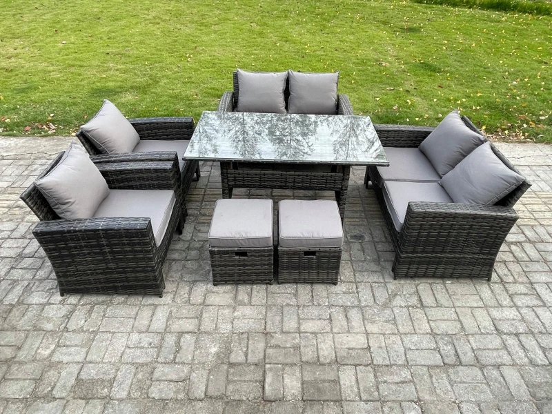 Image of Fimous Rattan Garden Furniture Set Patio Outdoor Lounge Sofa Set with Oblong Dining Table Double Seat Sofa 2 Small Footstools in Dark Grey Dark Grey U