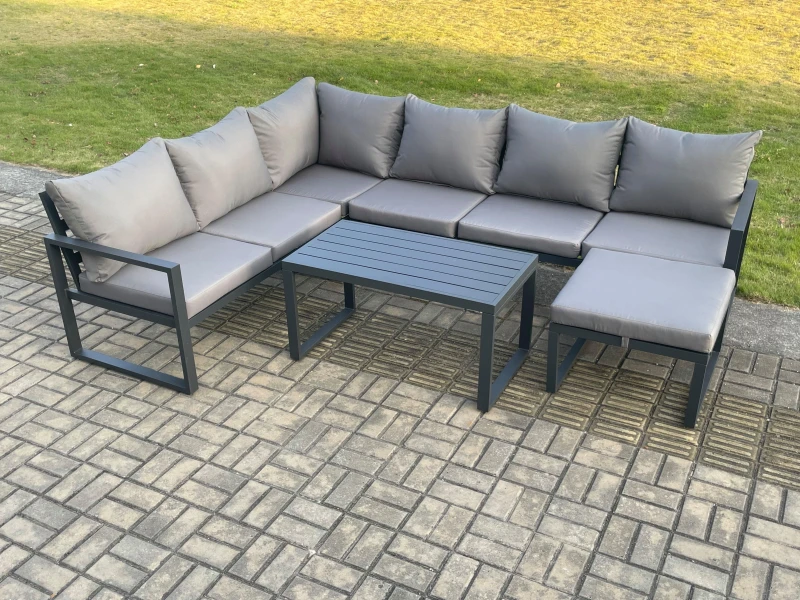 Image of Fimous Aluminium Garden Furniture Set Outdoor Indoor Lounge Corner Sofa Oblong Coffee Table Sets with Big Footstool Dark Grey Dark Grey Unisex