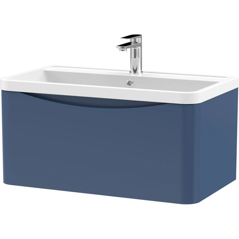 Image of NUIE Nuie - Lunar Satin Blue 800mm Single Drawer Wall Hung Vanity Unit and Polymarble Basin with 1 Tap Hole - LUN306 LUN306
