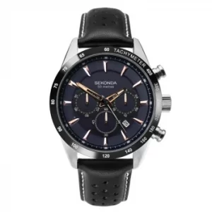 Image of Sekonda Mens Dual-Time Black Leather Strap Watch