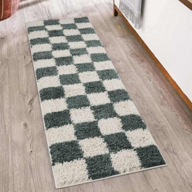 Image of Chester Living Room Shaggy Area Rug Modern - Contemporary Checkered Design - Hallway Runner Indoor Rug Jade Green 60X220 Cm