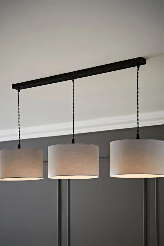 Image of ValueLights ValueLights Reni Fabric Drum Shade 3 Drop Bar Matte Black Diner Ceiling Pendant Light in Grey Grey One Size Unisex 5059406063268