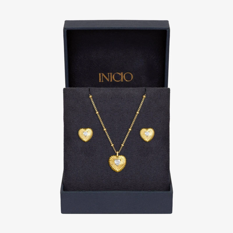 Image of Inicio Gold Plated and CZ Ridged Heart Set - Gift Box Jewellery Sets One Size Gold 73383410000