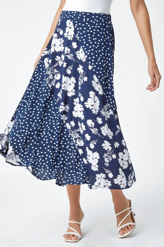 Image of Roman Womens Mixed Floral Spot Print A Line Midi Skirt in Blue Size: 20 Blue Female 20