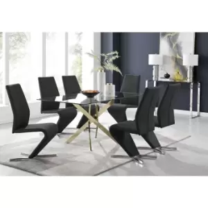 Image of Furniturebox Leonardo 150cm Modern Glass And Gold Metal Dining Leg Table And 6 Black Willow Faux Leather Silver Chrome Feet Dining Chairs
