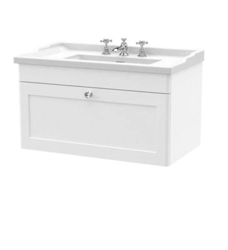 Image of NUIE Classique Wall Hung 1-Drawer Vanity Unit with Traditional Basin 800mm Wide Satin White - 3 Tap Hole - Nuie CLC196G