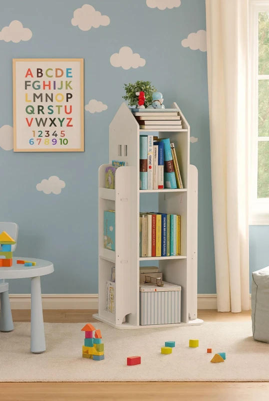 Image of Neo White House Shaped 360° Rotating Kid's Children's Freestanding Bookshelf White Unisex