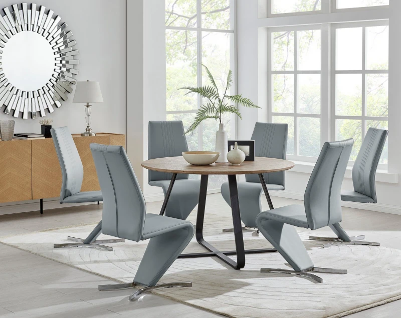 Image of FurnitureboxUK FurnitureboxUK Santorini Brown Wood Effect Dining Table & 6 Willow Chairs in Grey Grey One Size Unisex 5056657124090