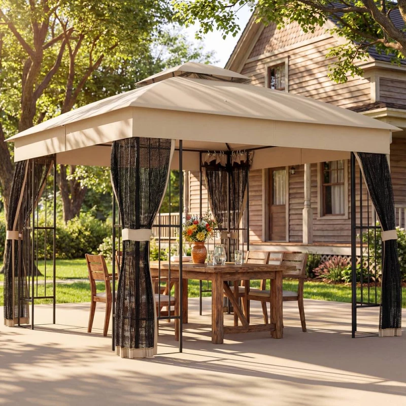 Image of OUTSUNNY 3 x 3m Garden Gazebo with Shelves, UPF50+ Permanent Gazebo in Beige Size: 3m x 3m Beige Unisex 3m x 3m