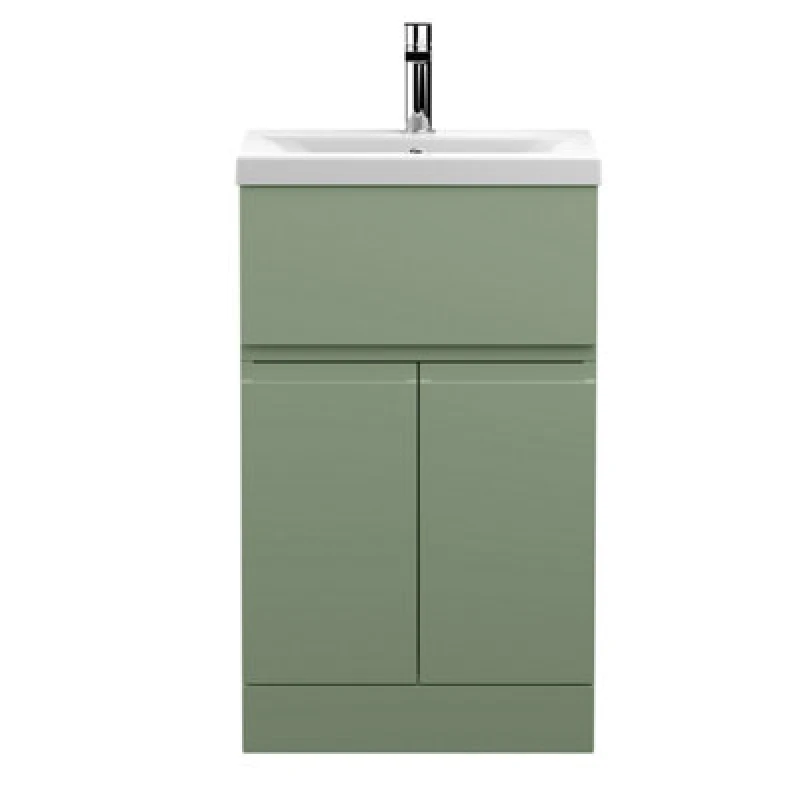 Image of Hudson Reed Urban Floor Standing 2 Door 1 Drawer Vanity Unit With Mid-Edge Basin, Durable Modern Vanity Unit In Satin Green, 500mm