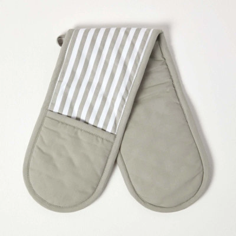 Image of Homescapes Grey Stripe Cotton Double Oven Glove Grey unisex