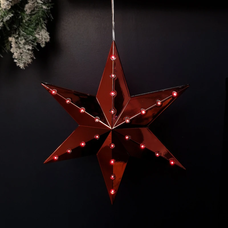 Image of 20cm Battery Operated Light up Hanging Christmas Shooting Star Bauble in Ruby with LEDs