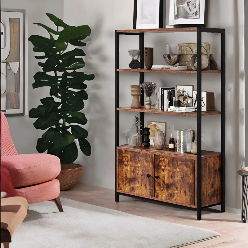 Image of Rafaelo Mobilia Industrial Bookcase With 3 Shelves & Cupboard in Brown Brown Unisex