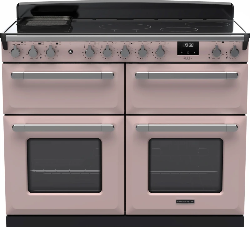 Image of Rangemaster Estel Deluxe ESDLB110EIPPPK/CM1 110cm wide Electric Range Cooker with Induction Hob - Pale Pink / Chrome - A Rated