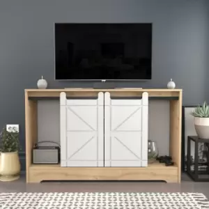 Image of Decorotika - Ahris Barndoor Style tv Unit, tv Stand With Multiple Shelves,Sliding Door tv Cabinet- Sapphire Oak Pattern And White